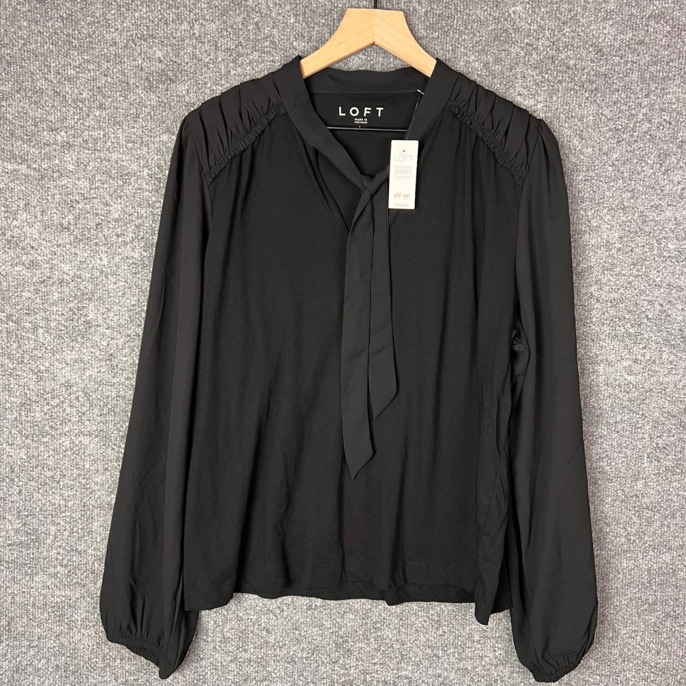 NEW LOFT Tie Neck Blouse Womens Large Black Mixed Media Pleated Shoulder Top